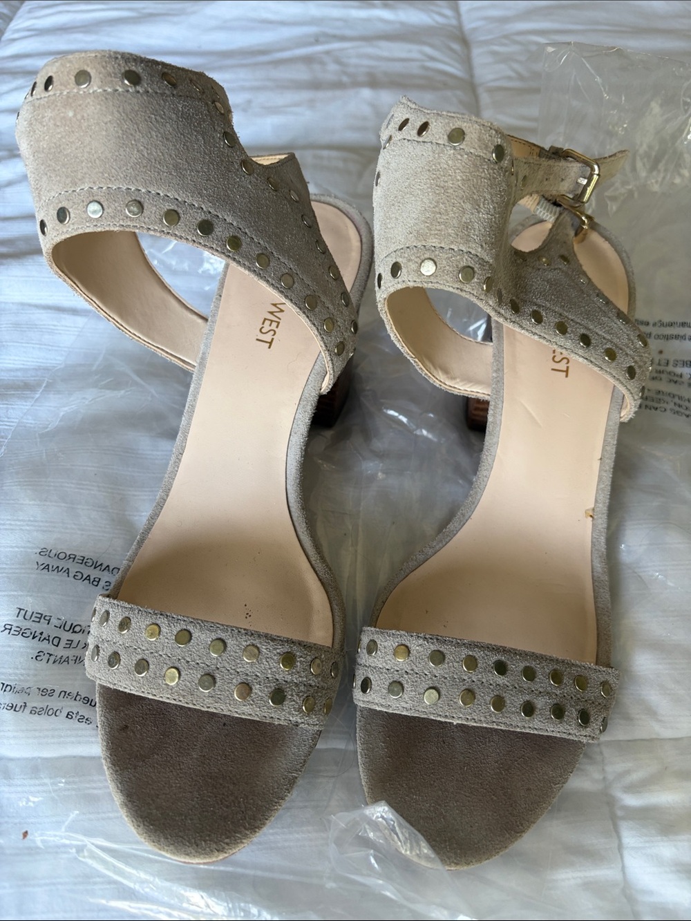 Nine West Taupe Studded Suede Block Heel Sandals
